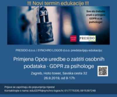GDPR za psihologe - poziv na edukaciju - 26.9.2019.